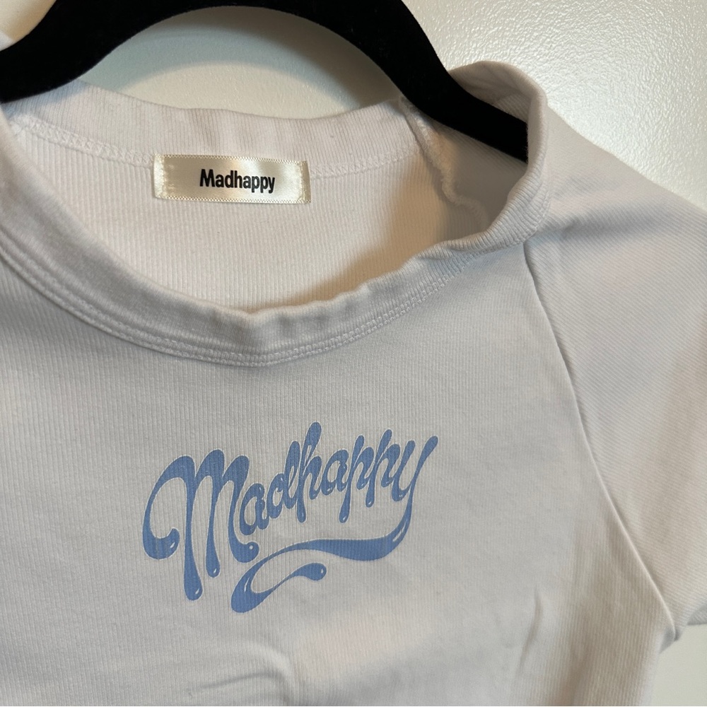 MADHAPPY ARTWORK PROGRAM BABY DOLL TEE white with blue letters - Picture 2 of 5